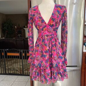 Saloni silk dress small revolve sz 2 pink floral long sleeve v neck